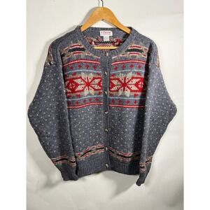 Orvis Wool Cardigan Sweater Womens Large Blue Fair Isle Snowflake Button Front